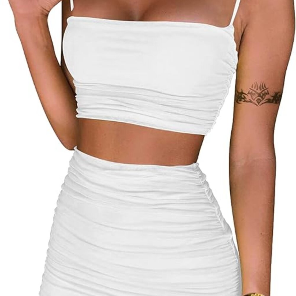 Amazon White Set - Ruched Cami Crop Top Bodycon Skirt